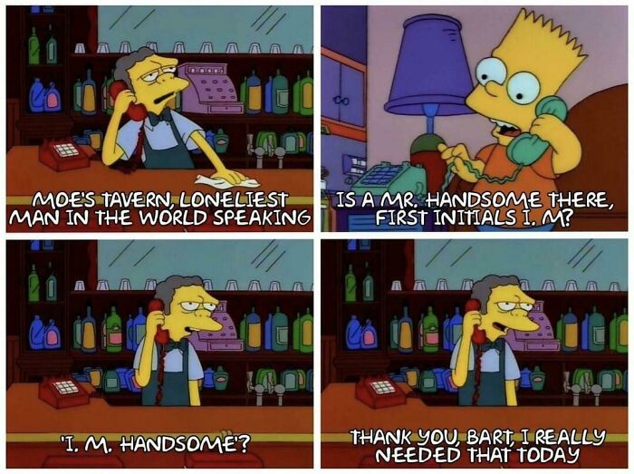 Simpsons comic strip about loneliness and self-confidence with Moe and Bart
