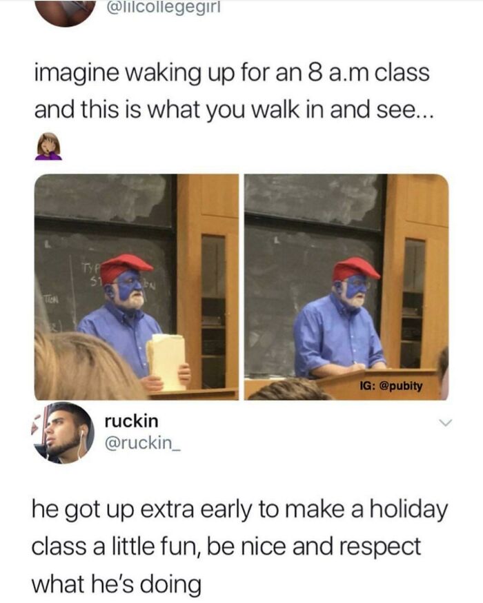 Professor dressed as Captain America to bring fun and positivity to early class