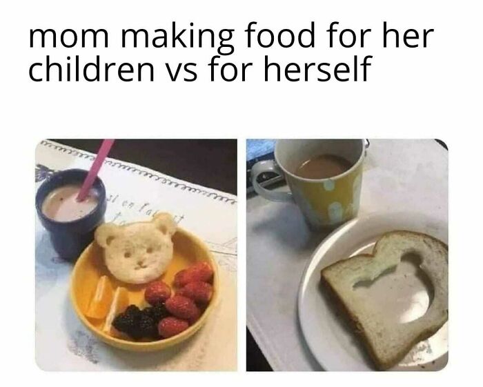 Mom making cute food for children versus plain food for herself, highlighting mom life humor