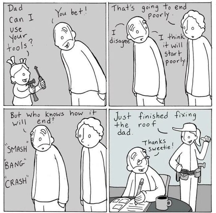 Comic strip showing a child using dad's tools and fixing the roof, highlighting positivity and family bonding