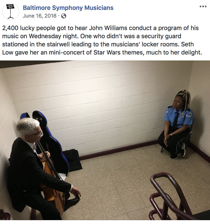 Musician plays Star Wars theme for security guard bringing joy and positivity