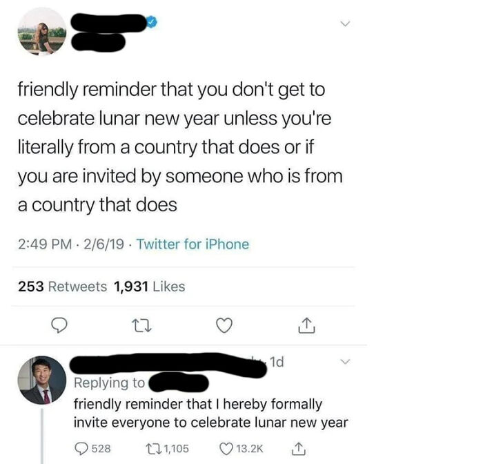 Tweet inviting everyone to celebrate lunar new year despite origins from specific countries