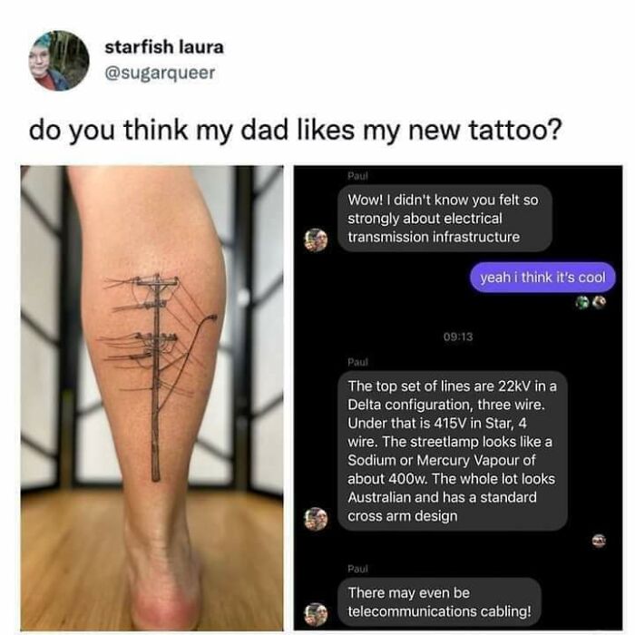 Screenshot of a text conversation about a detailed electrical pole tattoo, showing personal interests
