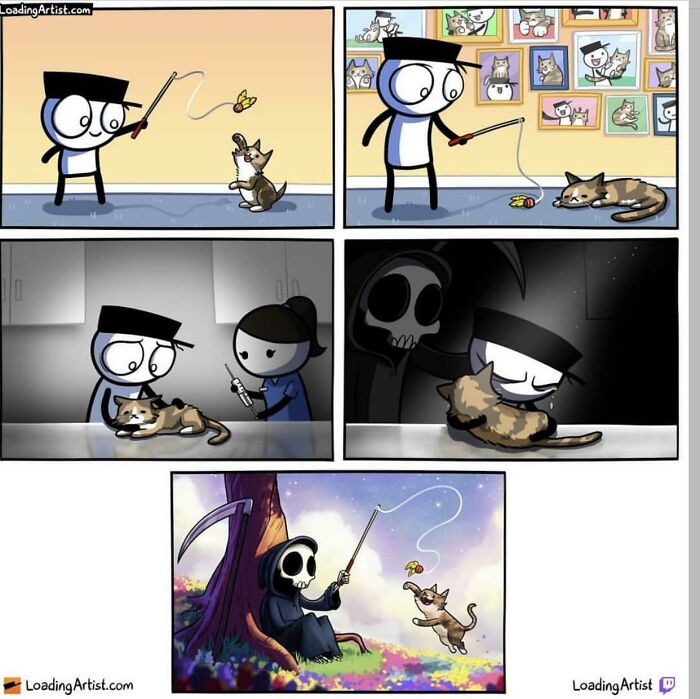Comic showing a person caring for a cat and the grim reaper playing with it, symbolizing love and positivity