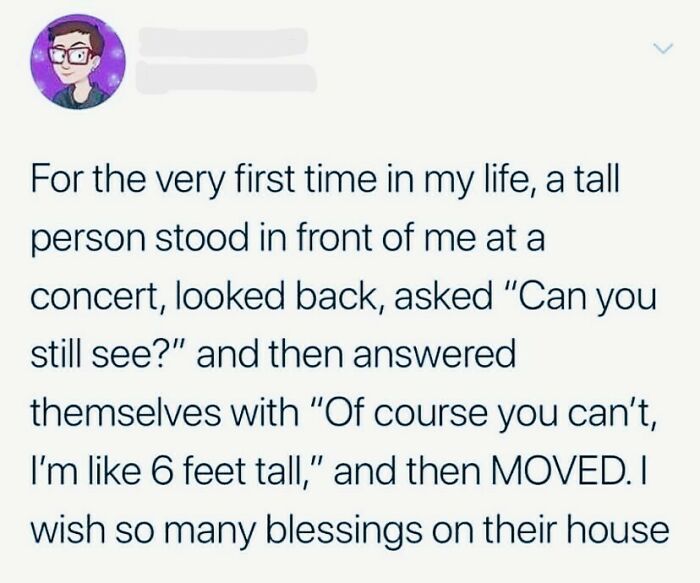 Tweet sharing a story about a tall person moving to improve concert view, spreading kindness