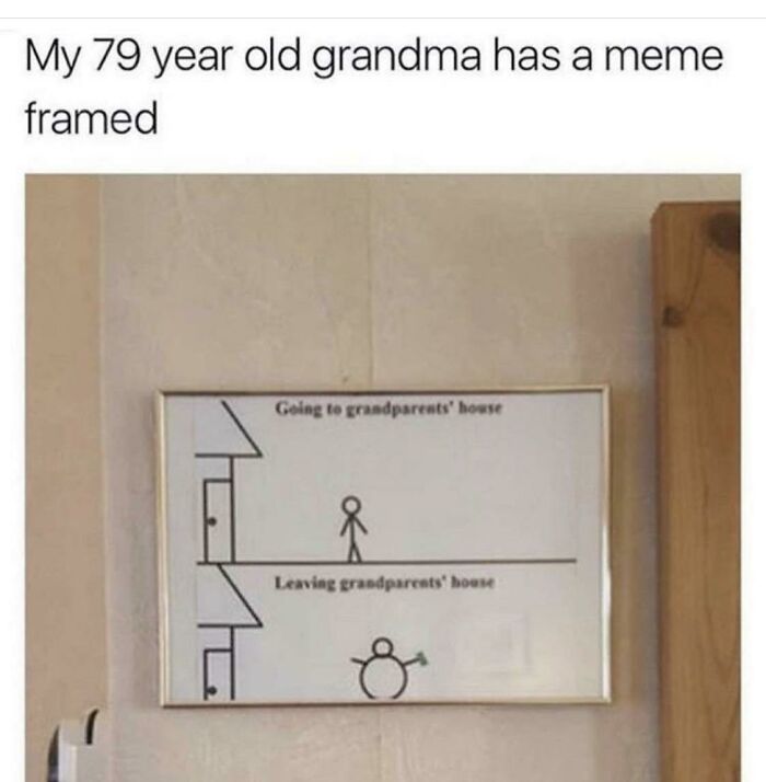 Framed simple meme showing happy and sad visit to grandparents house