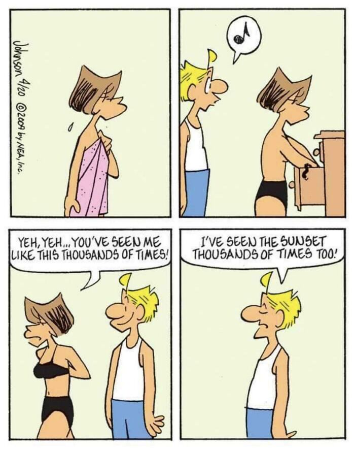Comic strip about seeing each other as often as sunsets