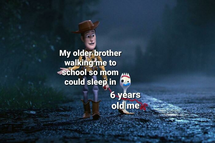Older brother walking little sibling to school meme with Toy Story characters