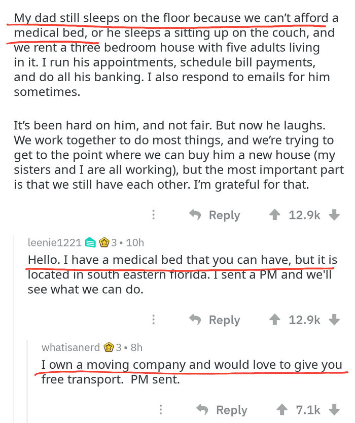 Comments offering help with medical bed and free transport for a father in need