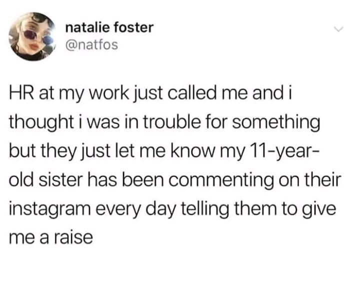 Tweet about HR informing someone of sister's supportive Instagram comments