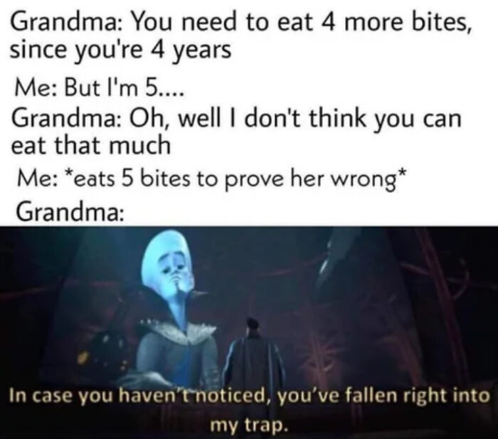 Funny meme about grandma's trick with food bites and trap