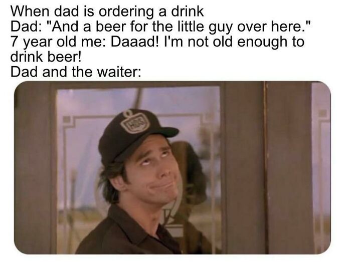 Funny meme about a kid not old enough to drink beer with dad and waiter