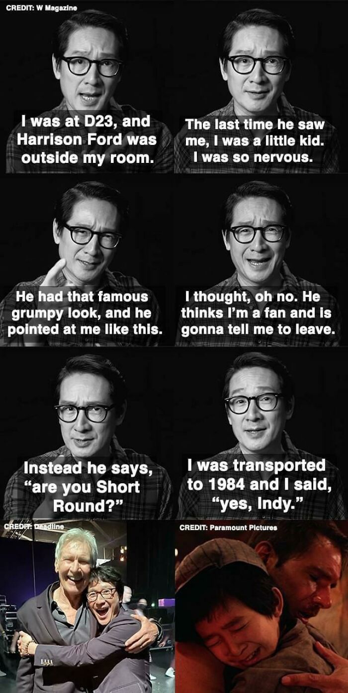 Black and white story meme of actor remembering meeting Harrison Ford positively