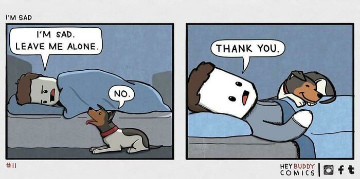 Comic of a sad person comforted by a dog, bringing positivity
