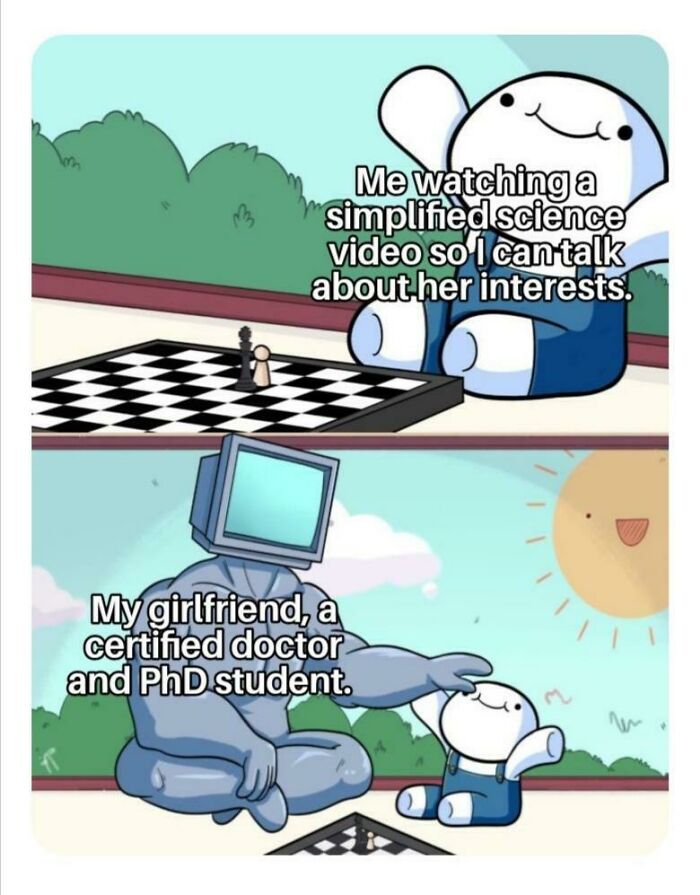 Cartoon meme about watching science videos to talk about girlfriend's interests