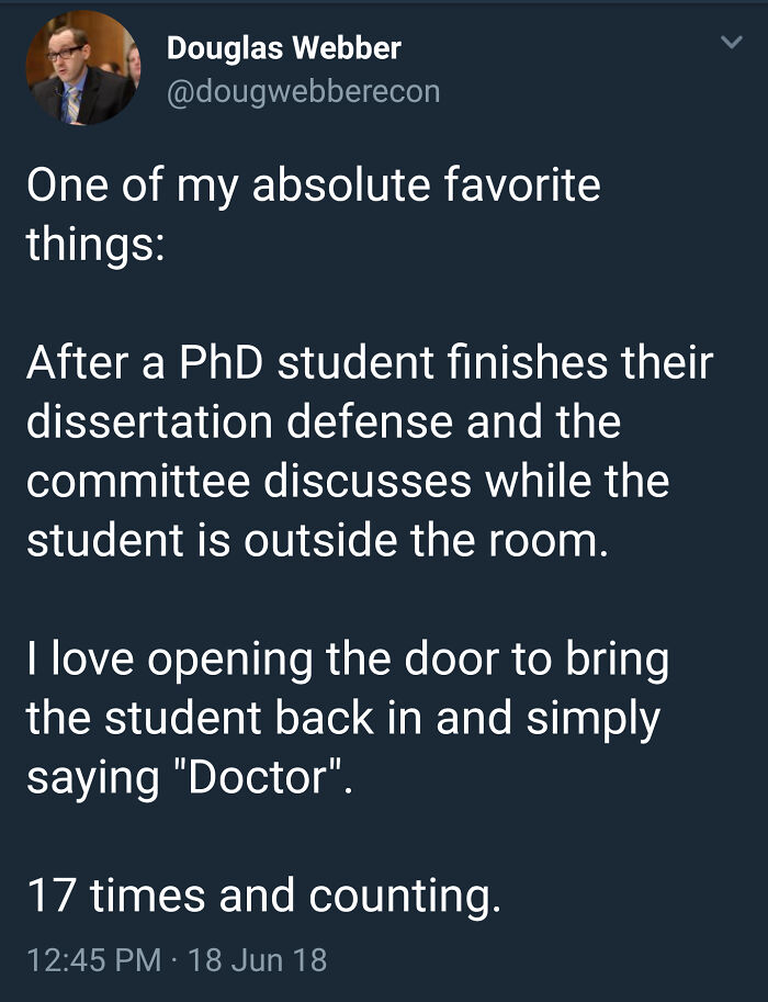 Tweet about calling PhD students Doctor after dissertation defense for positivity