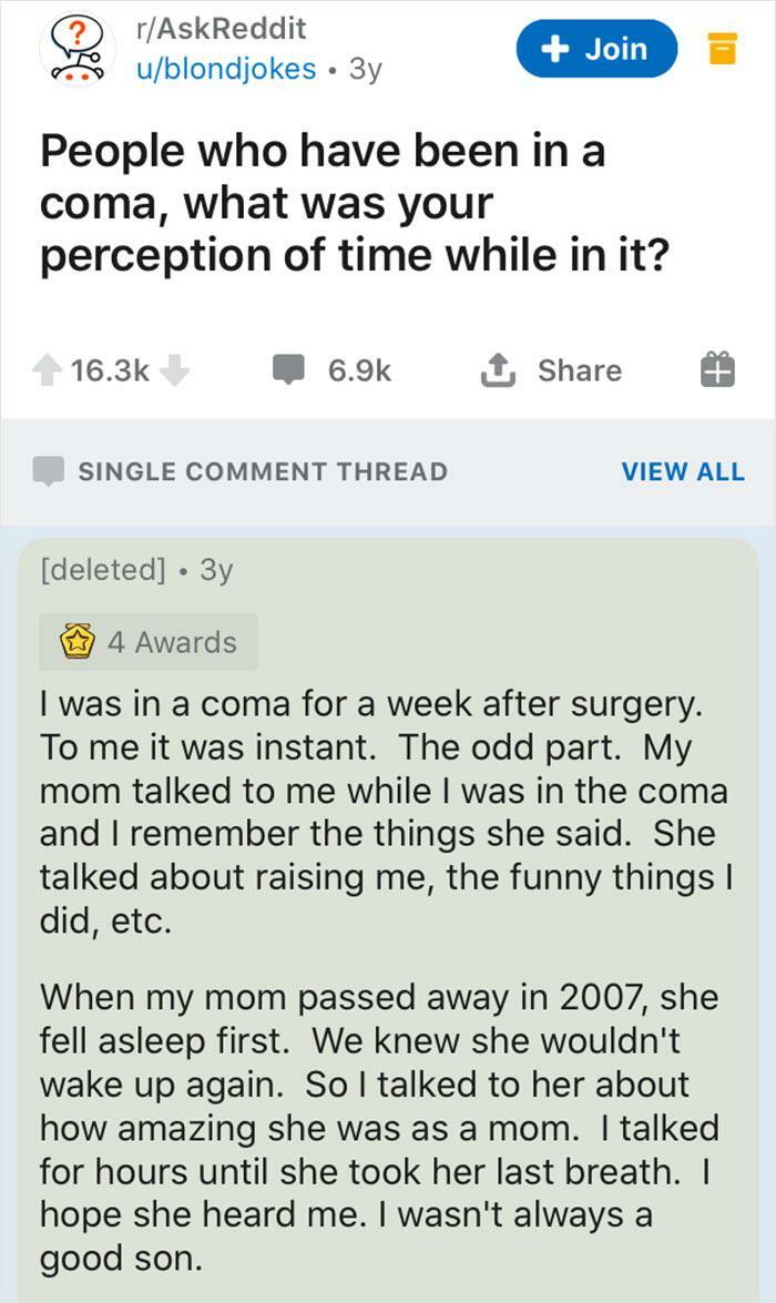 Reddit post about a coma experience and a son talking to his mom before she passed