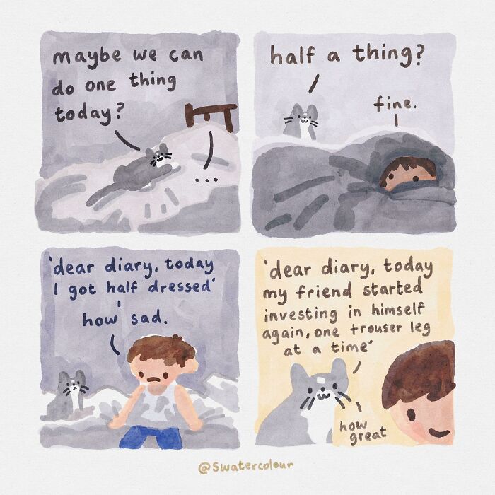 Illustrated comic showing progress and self-investment with humorous diary entries
