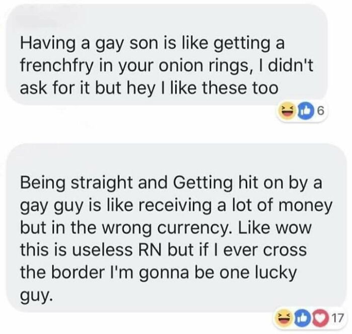 Funny text meme about being gay and unexpected compliments compared to money and snacks