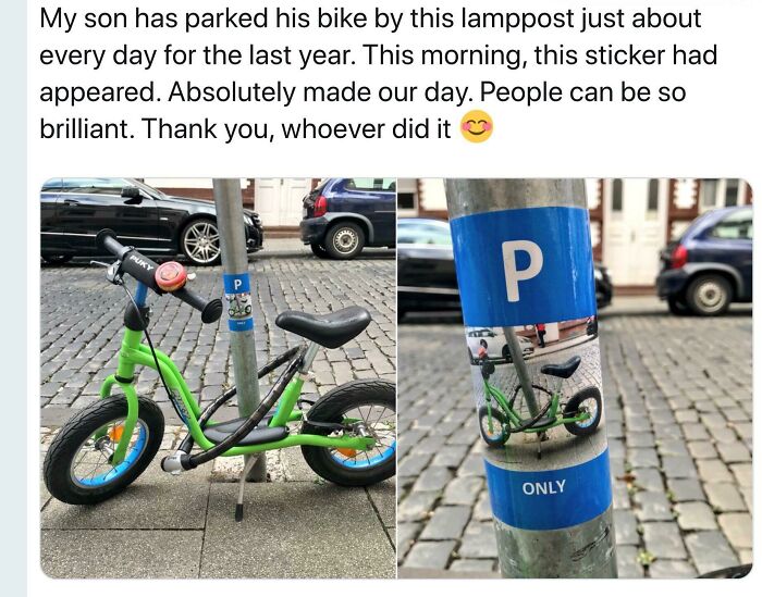 Photo of bike with parking sticker shows positivity in everyday moments