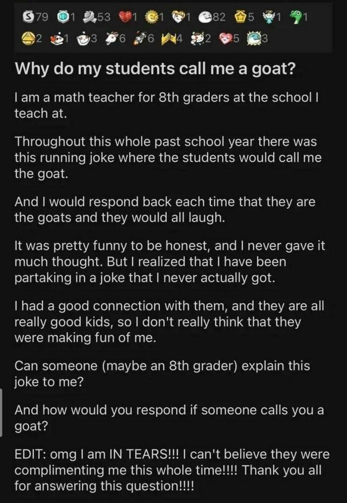 Math teacher puzzled why students call them a goat in positive school meme