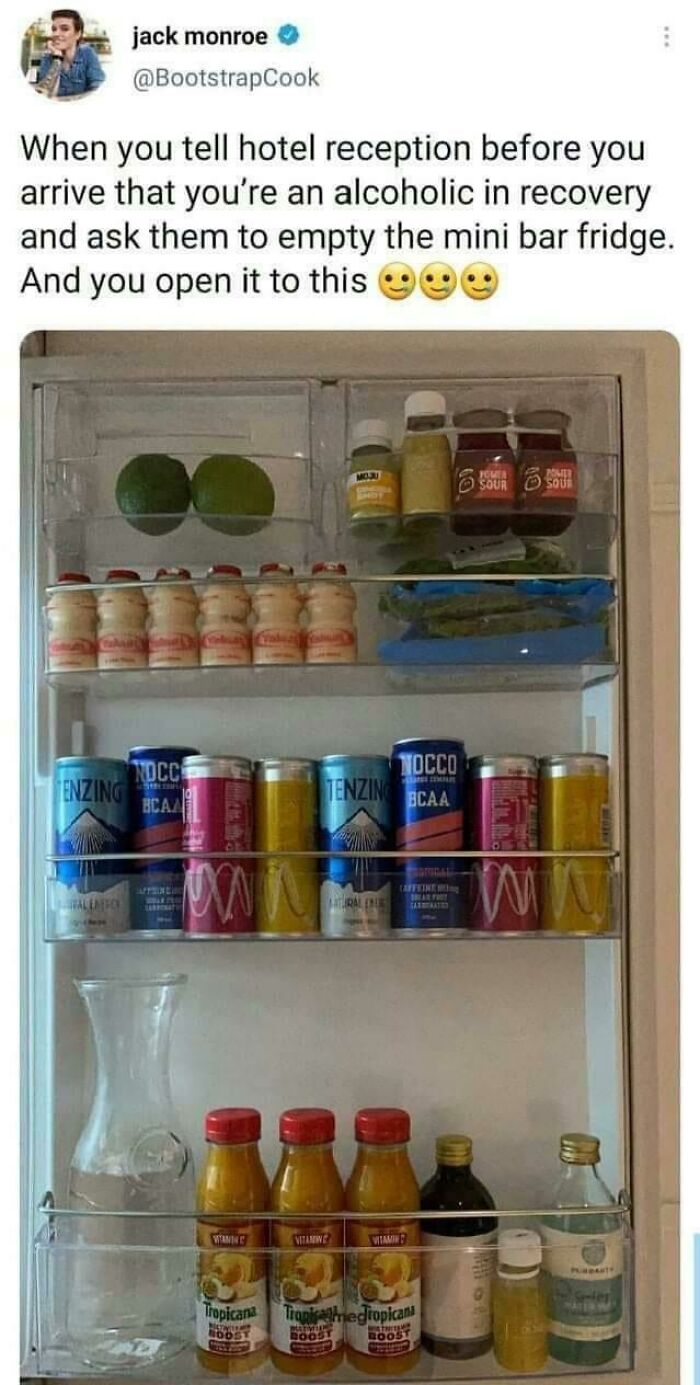 Tweet and photo of a mini bar fridge stocked for alcoholic recovery with positive support