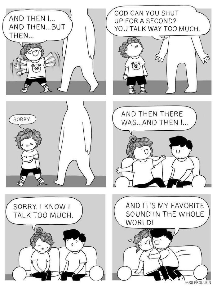 Comic strip about talking too much turned into a loving moment promoting positivity