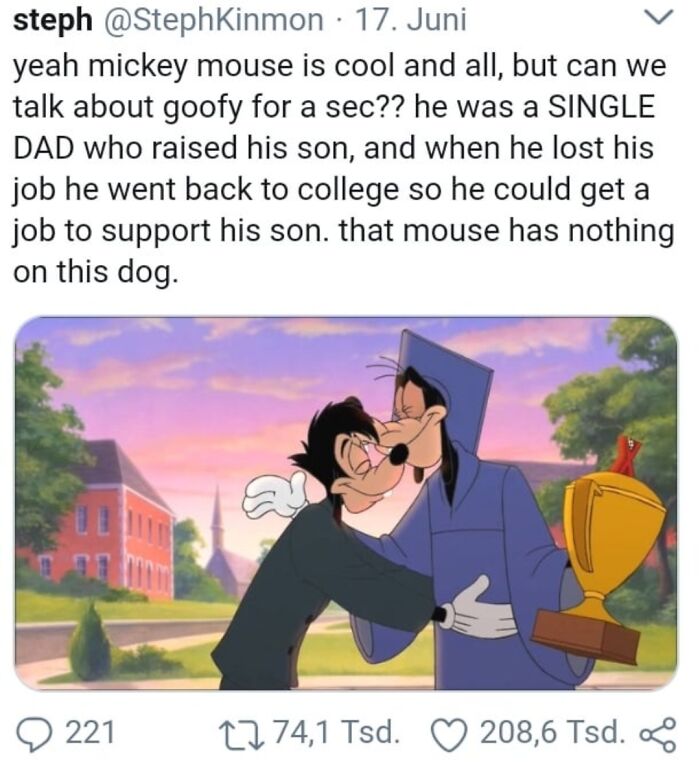 Positive post highlighting Goofy as a single dad in Disney memes with uplifting positivity