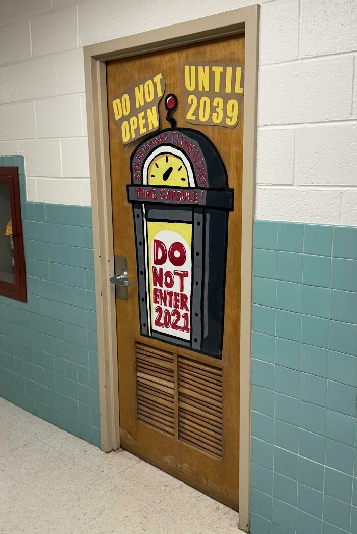Elementary school time capsule door marked do not enter until 2039