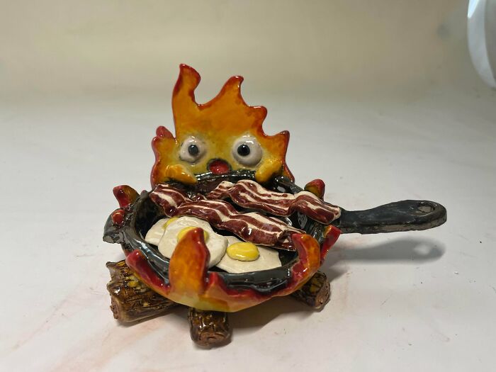 In My High School Ceramics Class, I Made A Calcifer Candle Holder/Decoration As A Christmas Gift For My Best Friend Who Loves Studio Ghibli