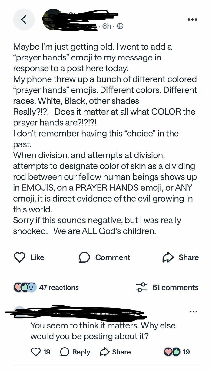 Hilarious screenshot from a neighborhood online community, a discussion about prayer hands emojis and race.