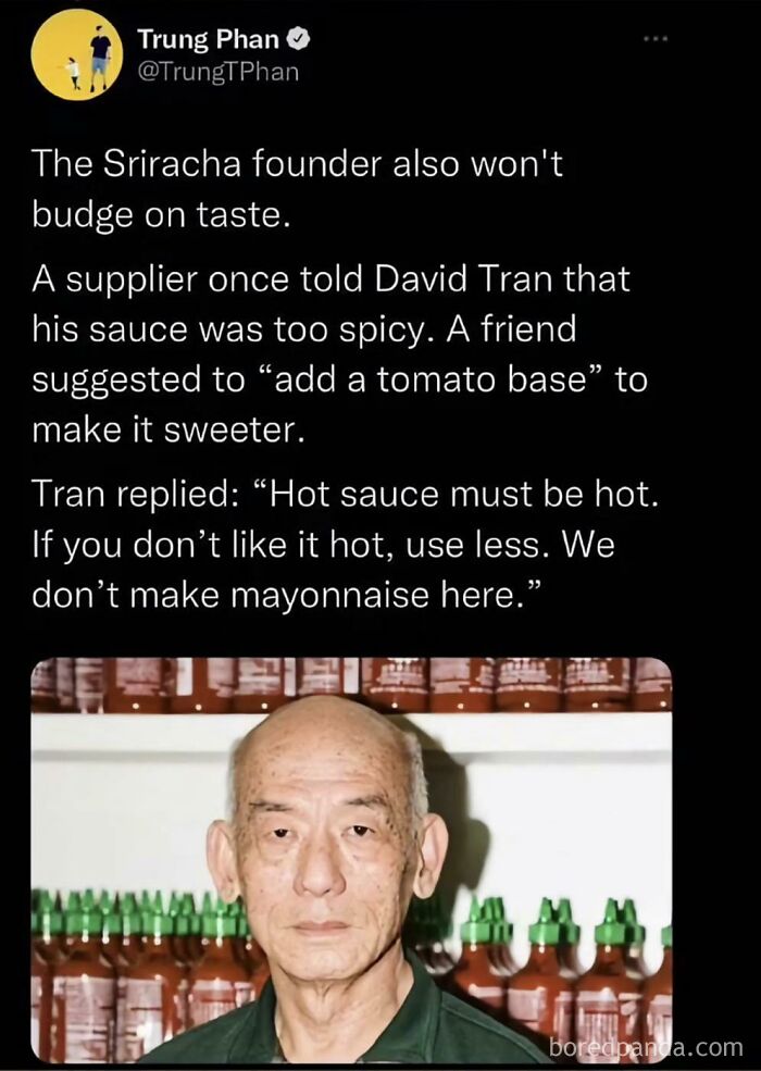 Tweet about Sriracha founder refusing to change hot sauce taste with a portrait photo