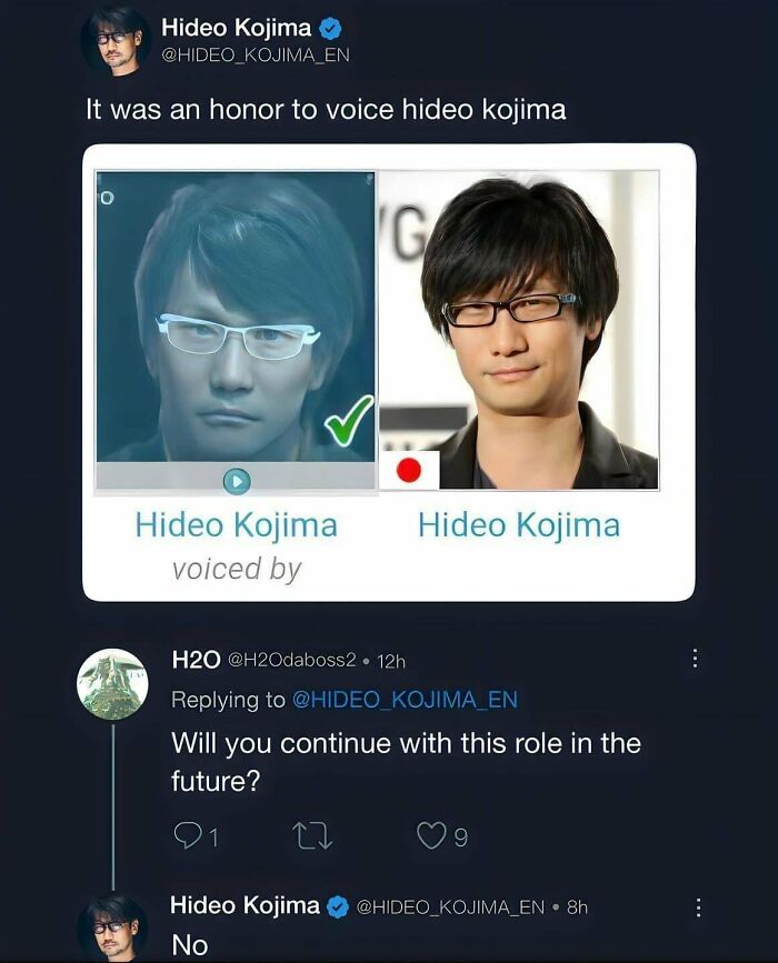 Hideo Kojima tweeting about voicing character Hideo Kojima