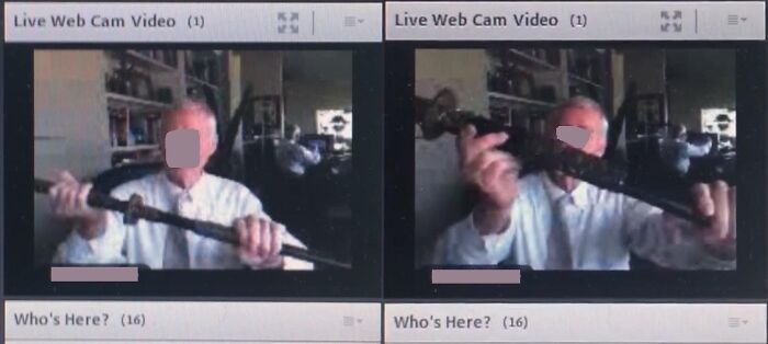 Man holding a sword in live webcam video screen captures