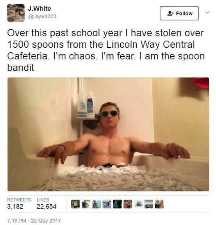 Tweet of a student claiming to be the spoon bandit stealing over 1500 spoons
