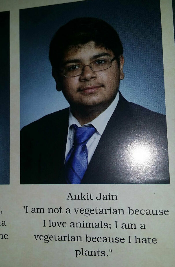 Yearbook photo with a humorous vegetarian quote by Ankit Jain