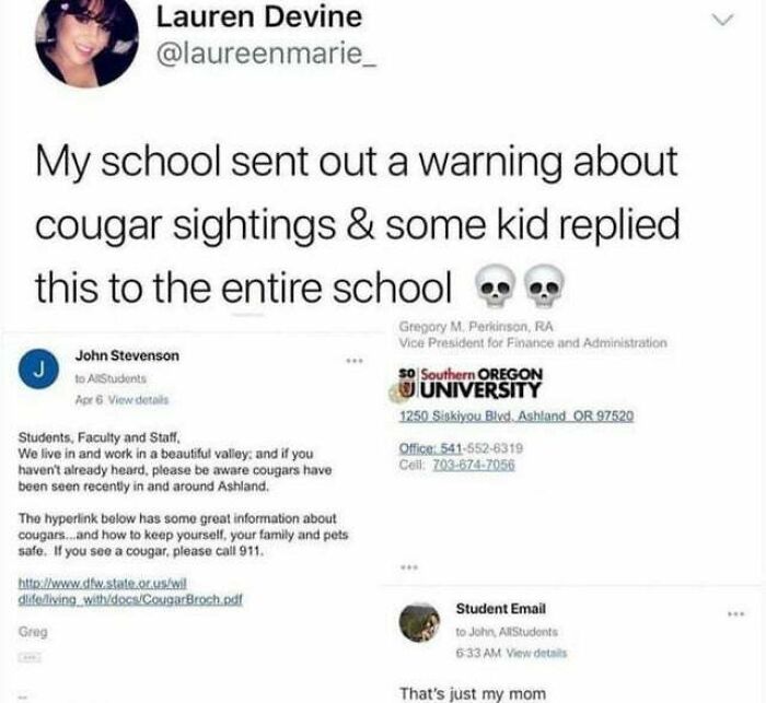 Funny school email about cougar sightings and a student's humorous reply
