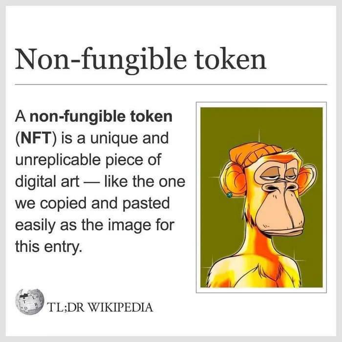 Definition of non-fungible token with cartoon ape NFT image from Wikipedia summary