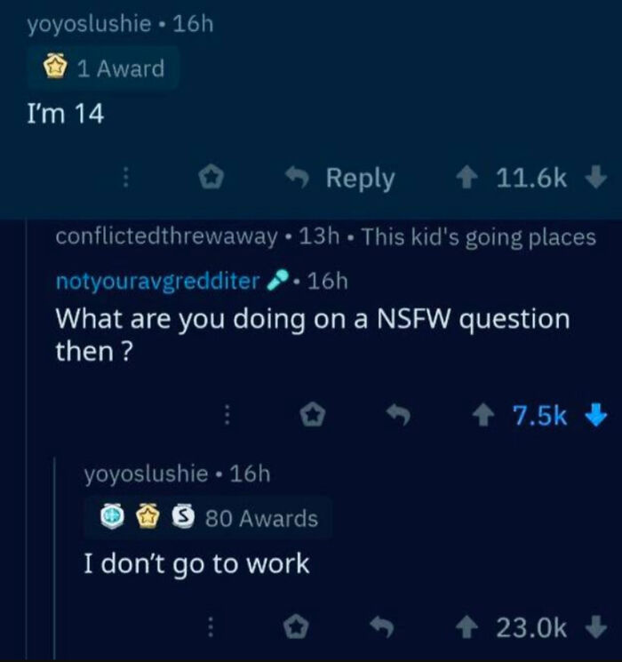 Reddit conversation about a 14-year-old user commenting on a NSFW question thread