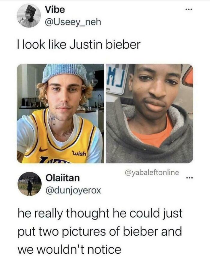 Side by side photos comparing a man claiming to look like Justin Bieber