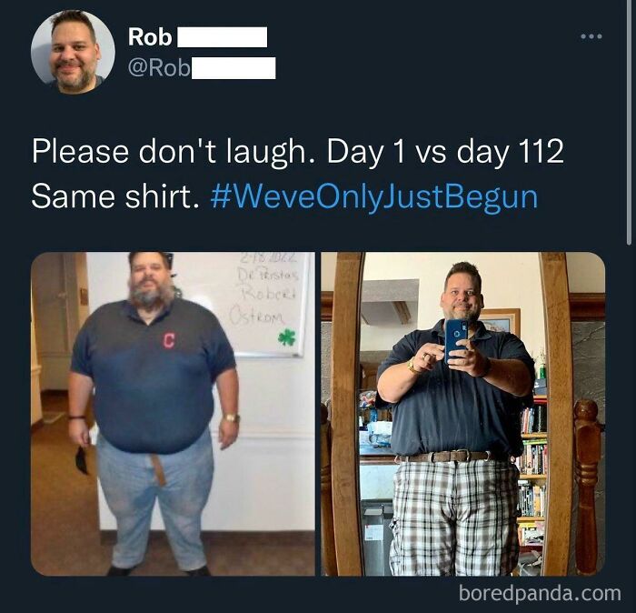 Weight loss progress day 1 versus day 112 in same shirt