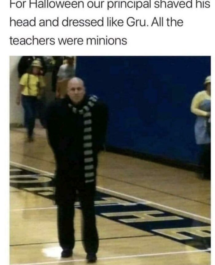 School principal shaves head and dresses like Gru for Halloween with teachers as minions