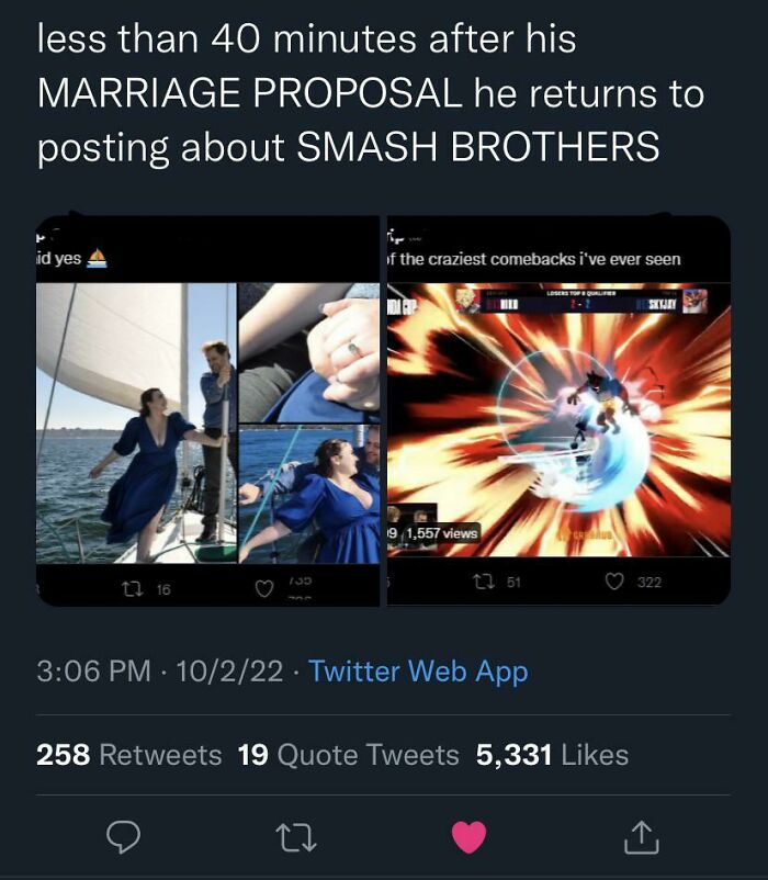 Man proposes marriage, returns to posting about Smash Brothers within 40 minutes