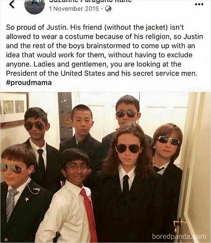 Kids dressed as the President and secret service men showing inclusivity and creativity.