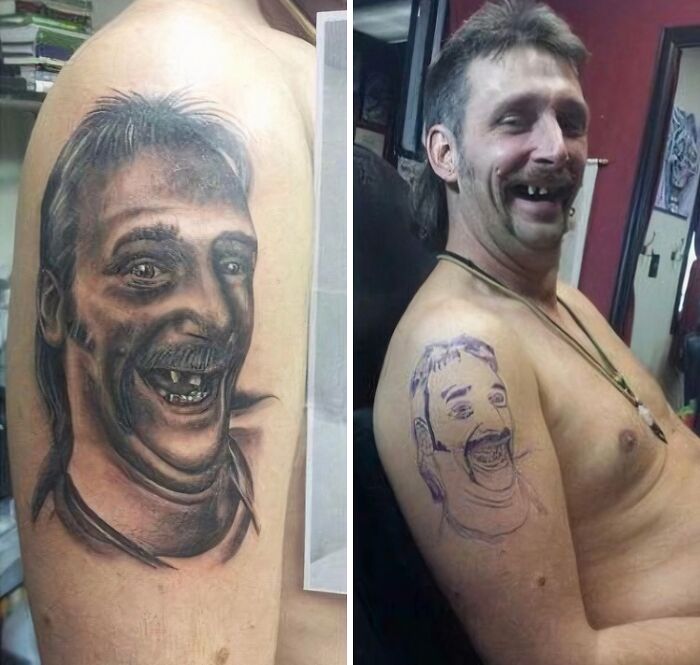 Man with mismatched face tattoo and photo of the same man smiling shirtless