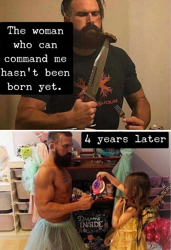 Bearded man in tutu playing with daughter dressed as a fairy