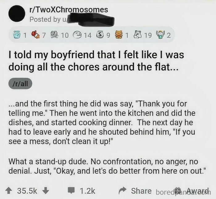 Reddit post about a boyfriend helping with chores after a heartfelt talk