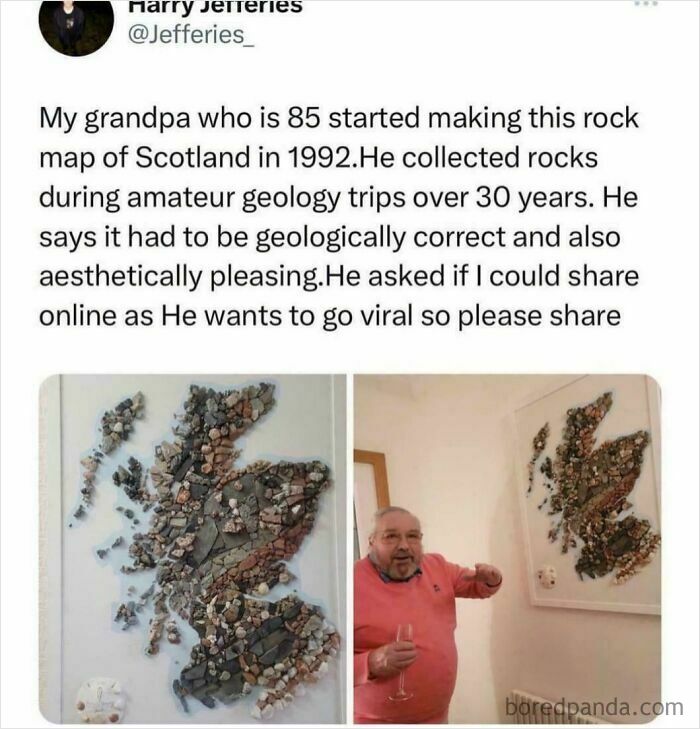 Man proudly showing his rock map of Scotland made over 30 years