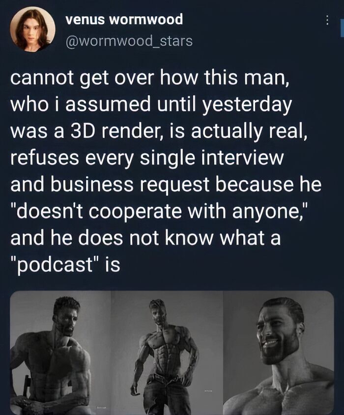 Tweet about a man mistaken for 3D render who refuses interviews and podcasts with 3 grayscale photos