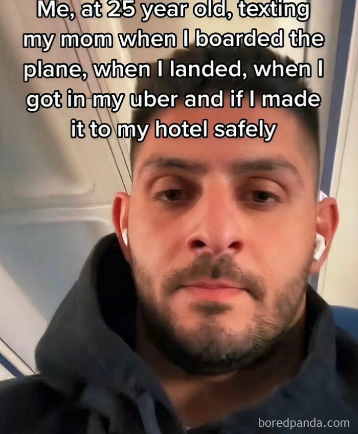 Man on a plane texting mom about safe travel updates